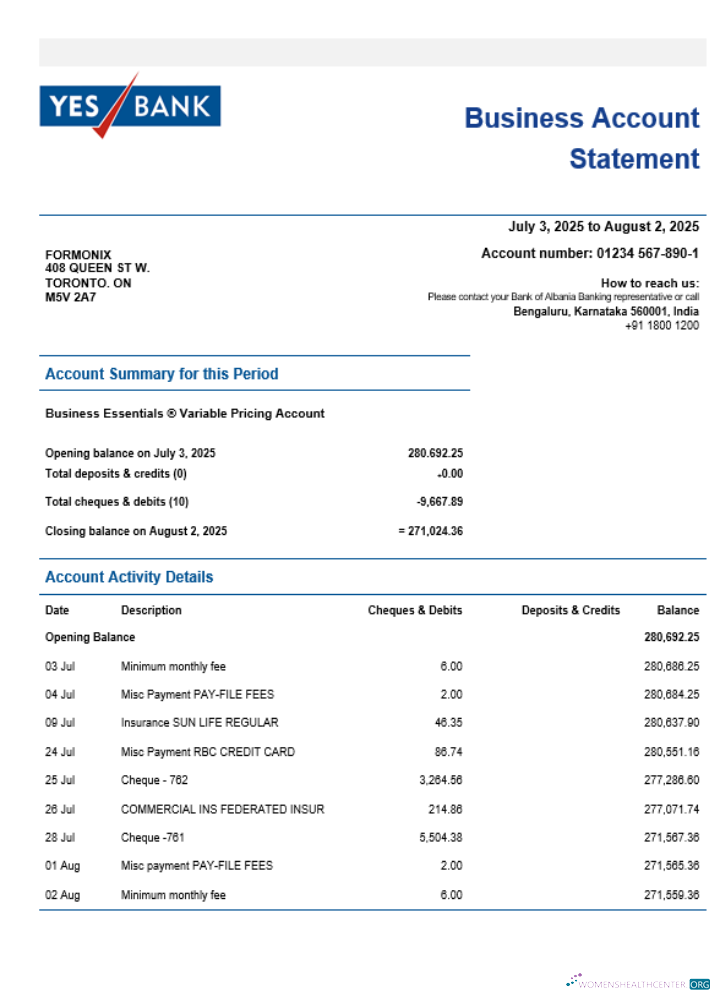 Download Yes Bank company checking account statement Word and PDF template Photoshop template